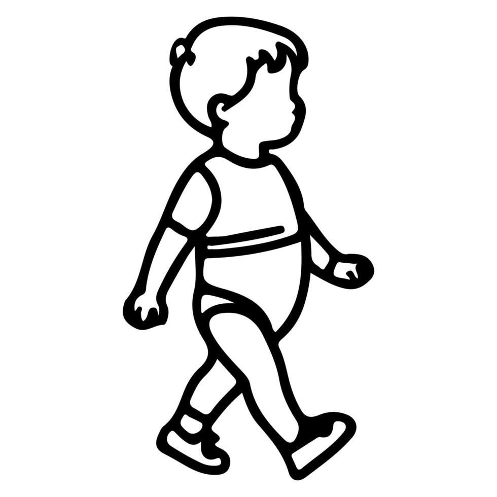 Continuous one black line art hand drawing child walking doodles outline cartoon characters style coloring page vector illustration  on white background