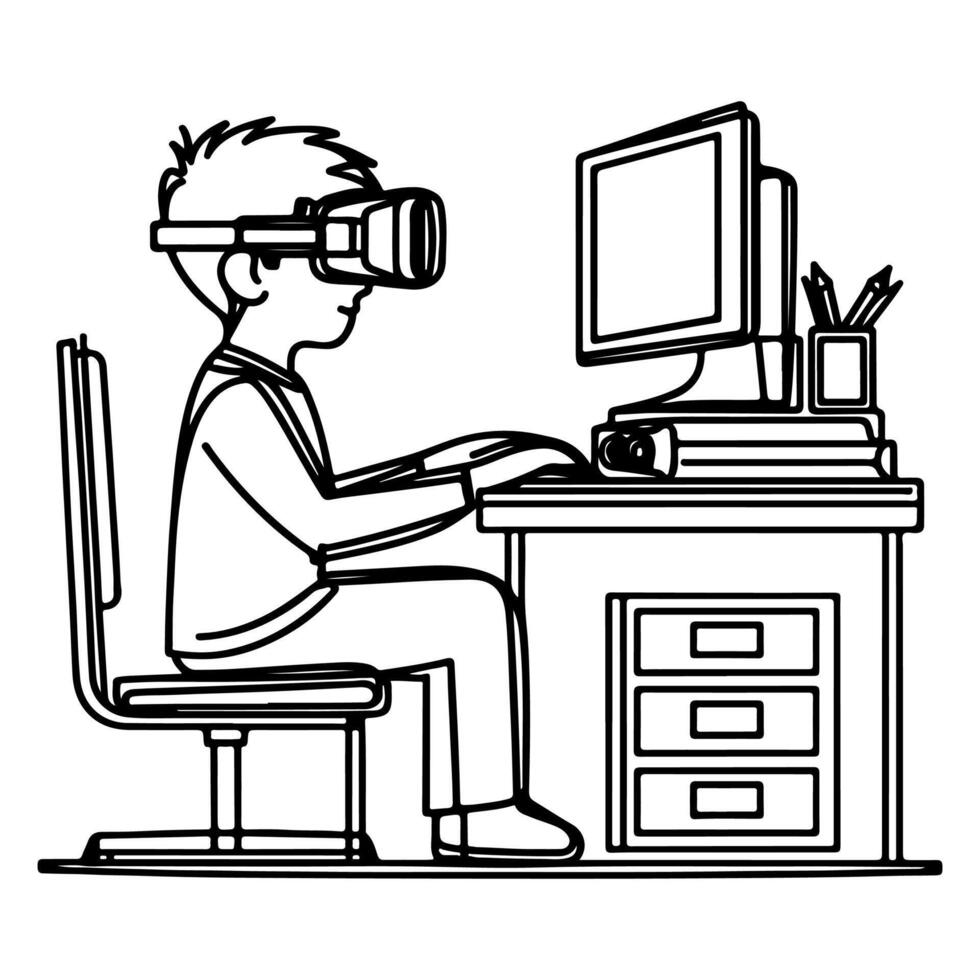 single continuous drawing black line art linear boy using virtual reality headset simulator glasses to learn new technology vector