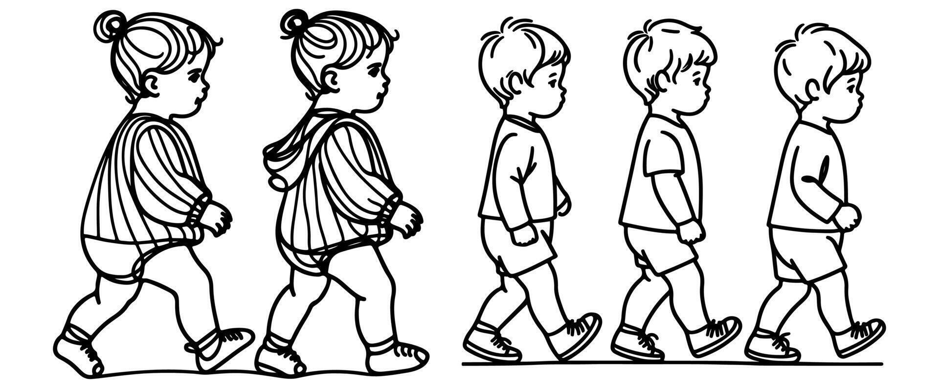 Continuous one black line art hand drawing child walking doodles outline cartoon characters set style coloring page vector illustration  on white background
