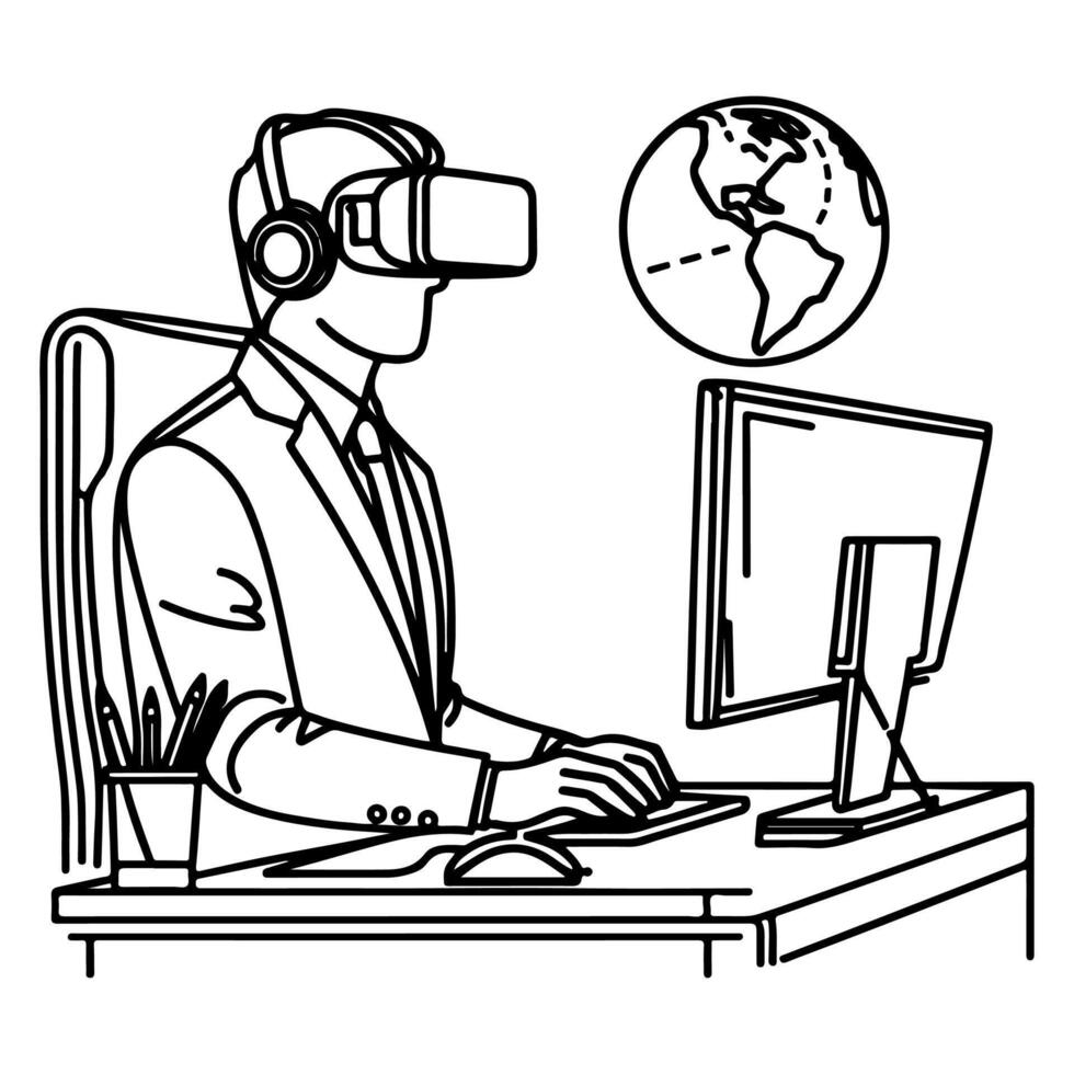 single continuous drawing black line art linear businessman in office using virtual reality headset simulator glasses with computer doodle style sketch vector