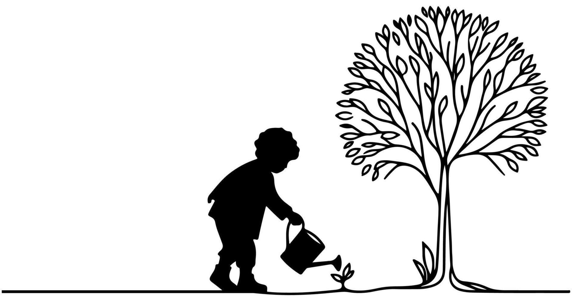 Continuous one black line art drawing Silhouette of children watering a tree. planting tree to save the world and earth day reduce global warming growth concept vector illustration on white background