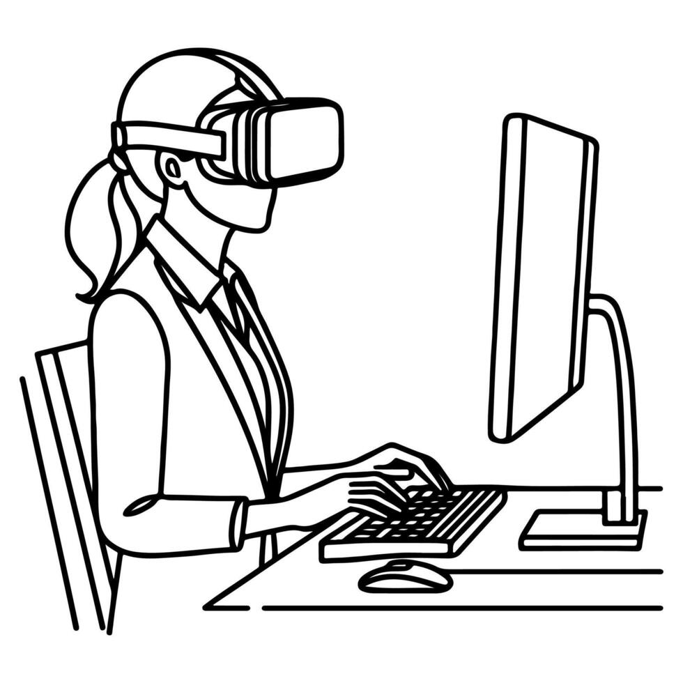 single continuous drawing black line art linear woman in office using virtual reality headset simulator glasses with computer doodle style sketch vector