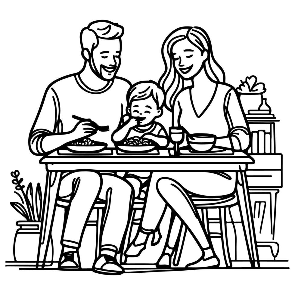 continuo uno negro línea Arte dibujo contento familia padre y madre con niño. teniendo cena sentado a mesa garabatos estilo vector ilustración en blanco antecedentes