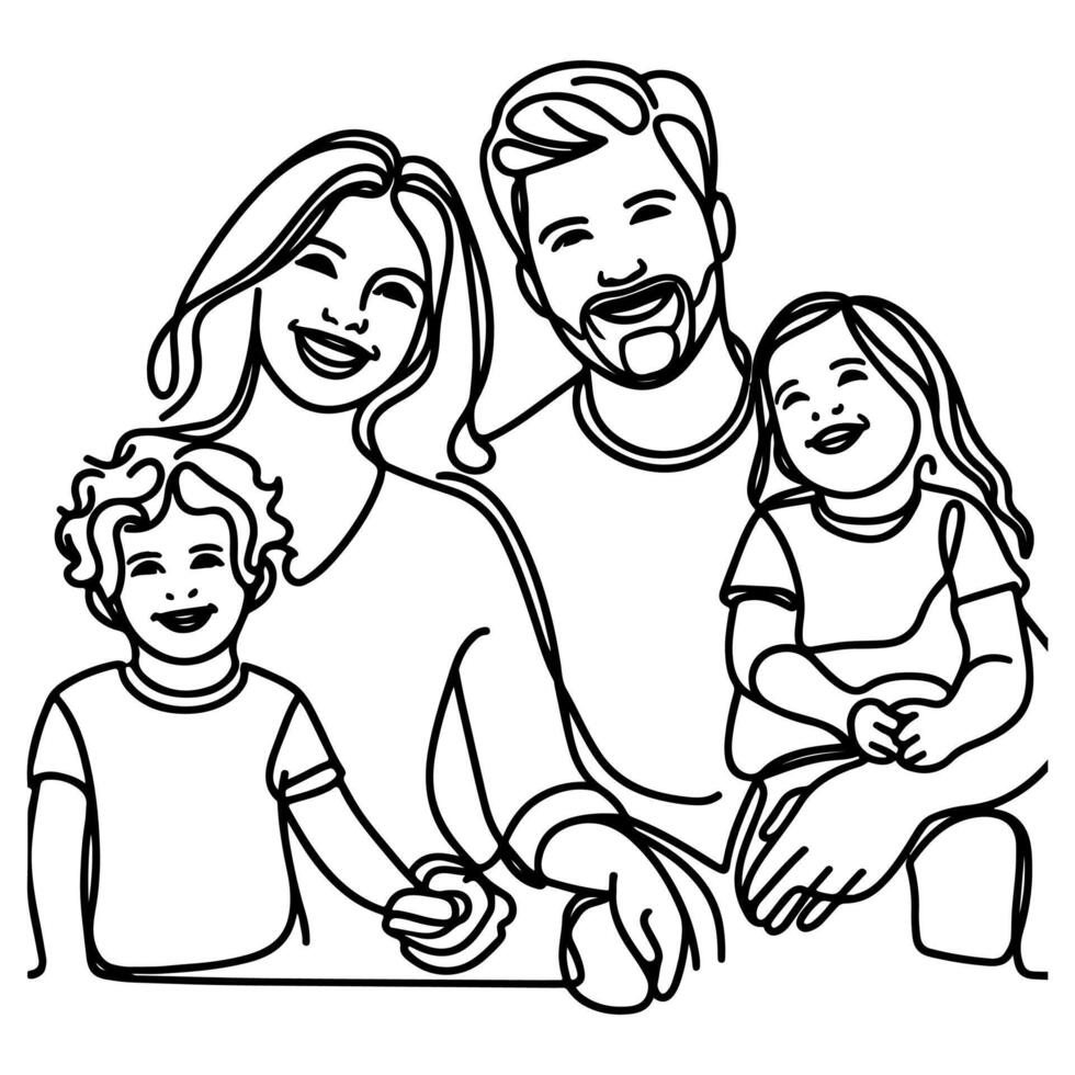Continuous one black line art drawing happy family father and mother with child doodles style vector illustration on white