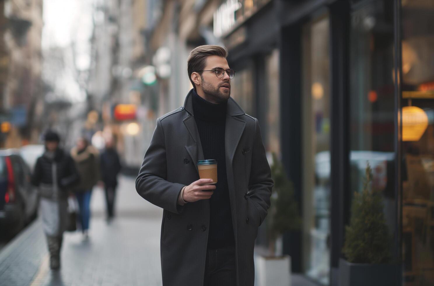 AI generated Stylish man with takeaway coffee in city photo