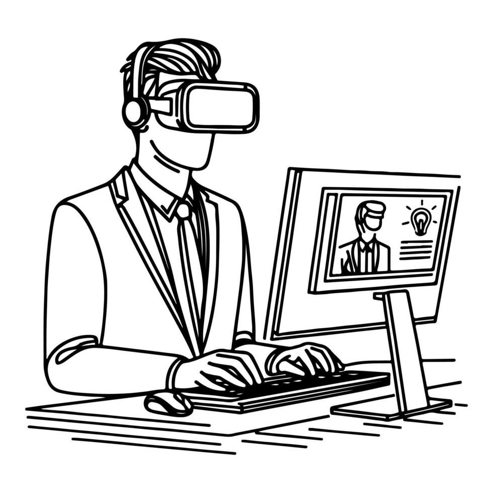 single continuous drawing black line art linear businessman in office using virtual reality headset simulator glasses with computer doodle style sketch vector