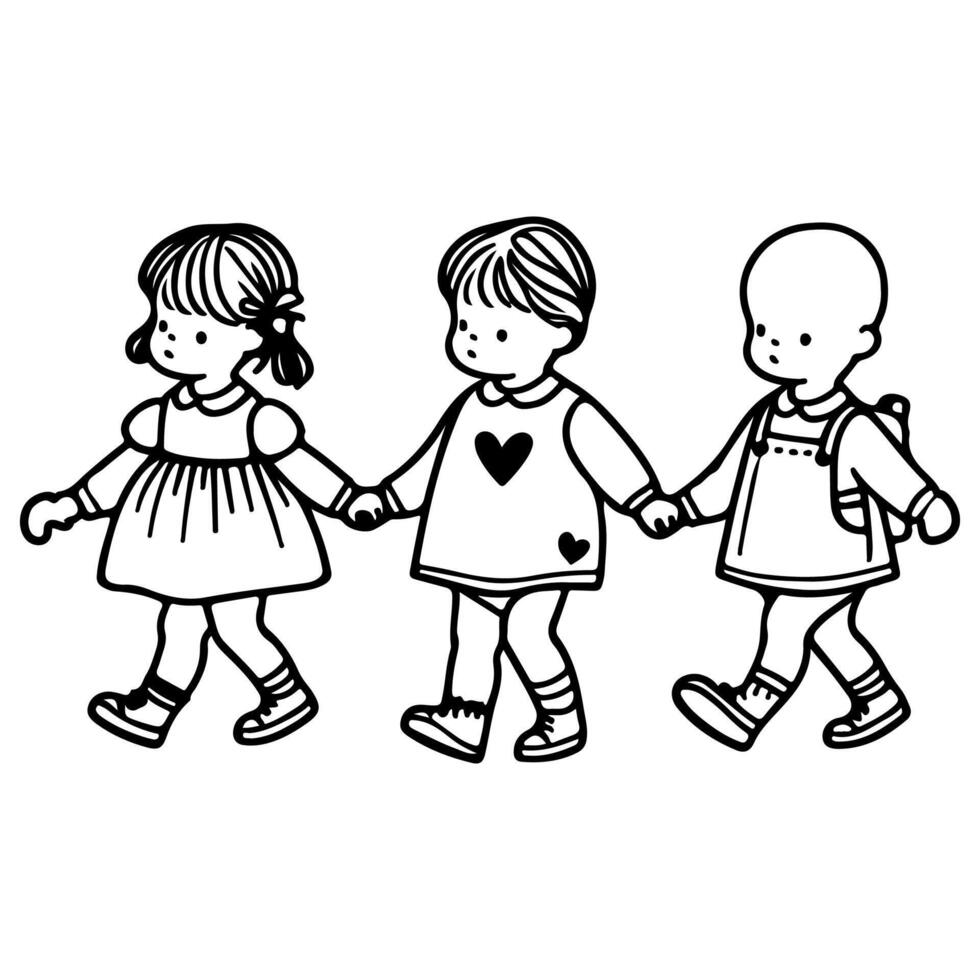 Continuous one black line art hand drawing child walking doodles outline cartoon characters style coloring page vector illustration  on white background