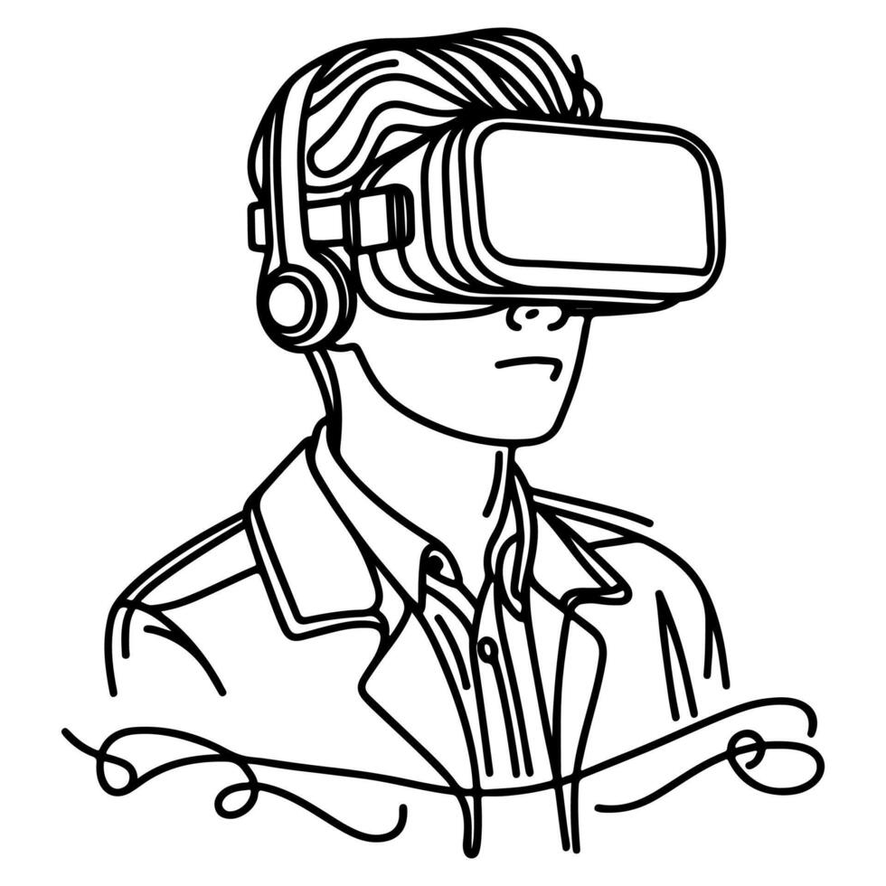 single continuous drawing black line art linear boy using virtual reality headset simulator glasses to learn new technology vector