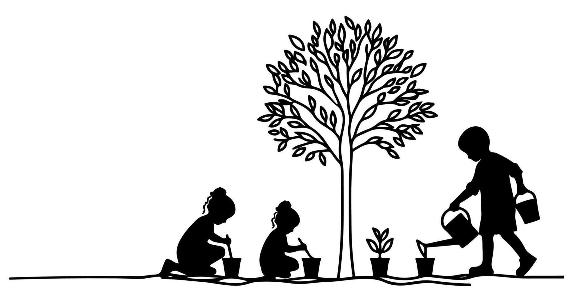 continuo uno negro línea Arte dibujo silueta de niños riego un árbol. plantando árbol a salvar el mundo y tierra día reducir global calentamiento crecimiento concepto vector ilustración en blanco antecedentes