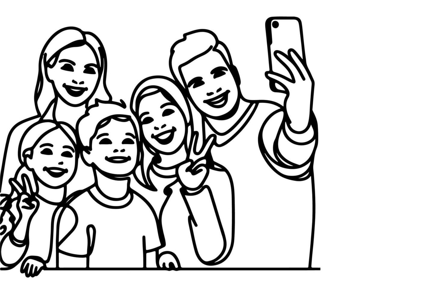 continuo uno negro línea Arte dibujo alegre familia tomando interino selfie o vídeo llamada mediante móvil teléfono contorno garabatear vector familia viaje concepto