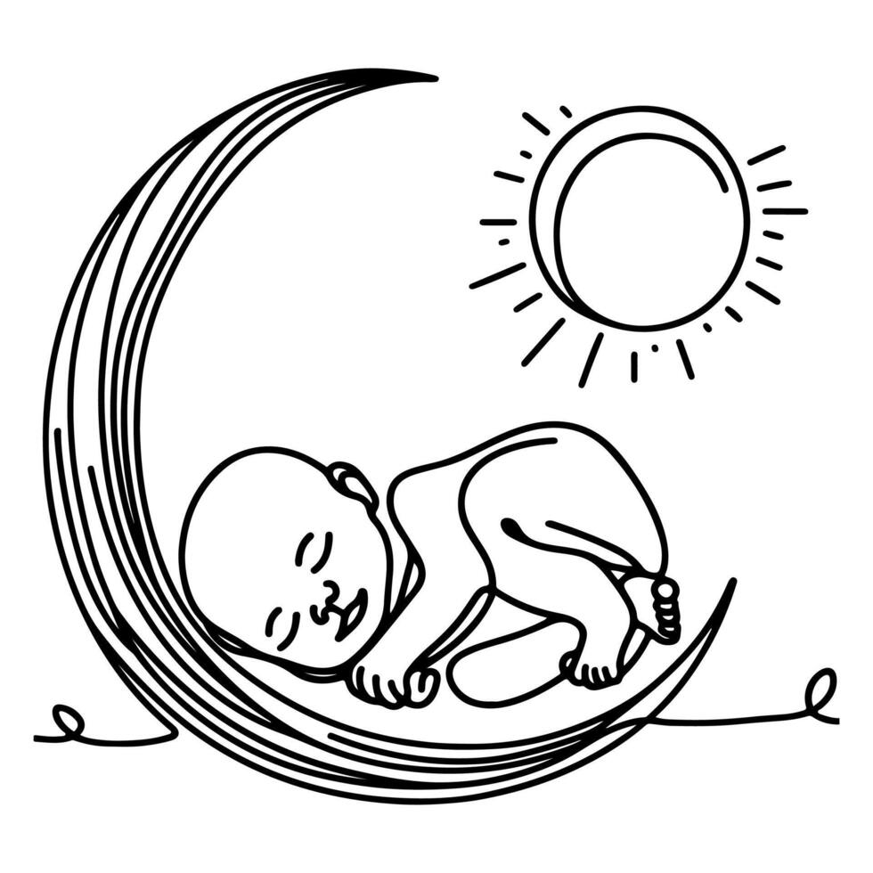 Continuous one black line art hand drawing newborn lying or sleeping doodles outline style vector illustration on white background
