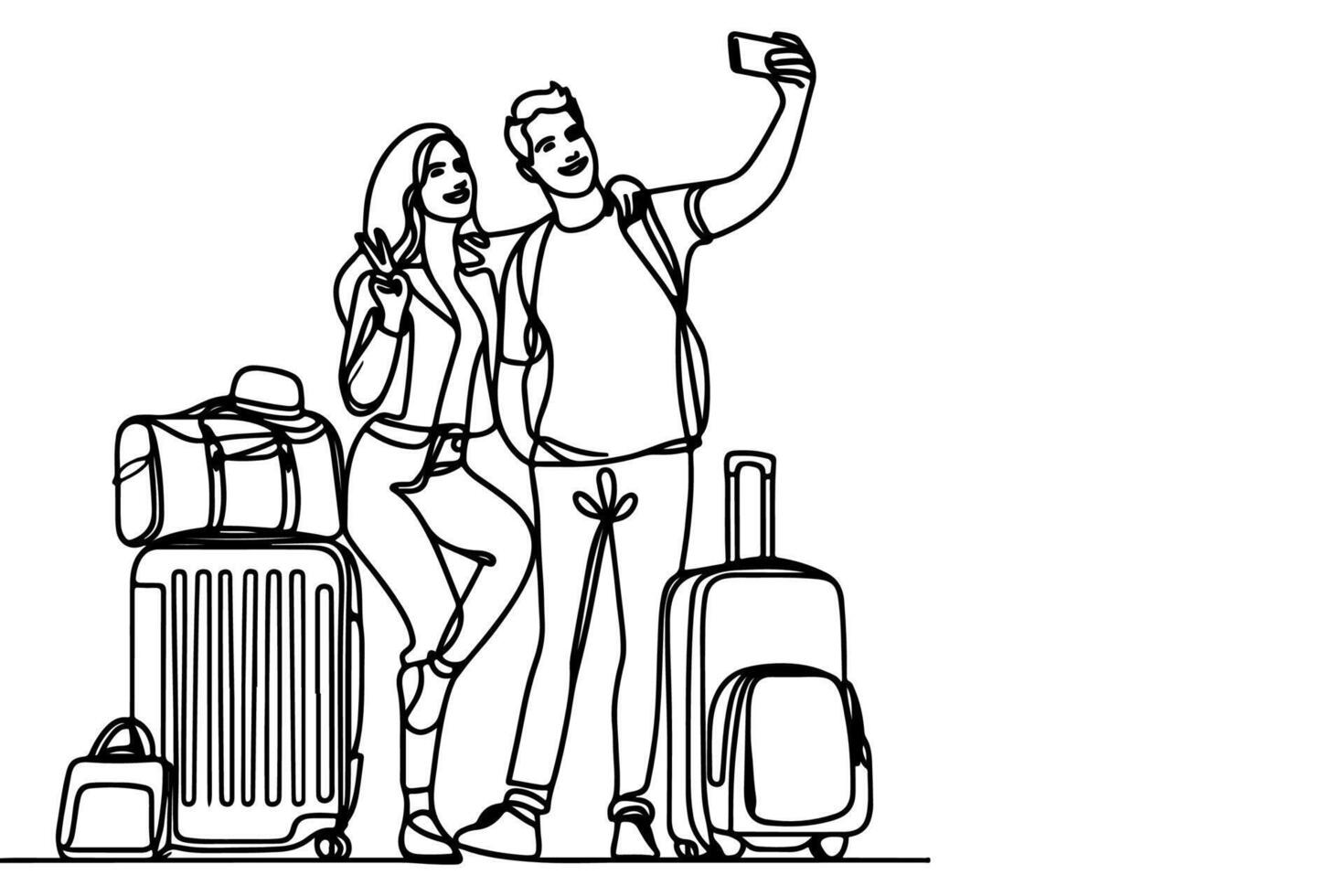 continuous one black line art drawing cheerful young man and girl  holding smartphone to taking acting selfie or video call through mobile phone outline doodle vector family travel concept