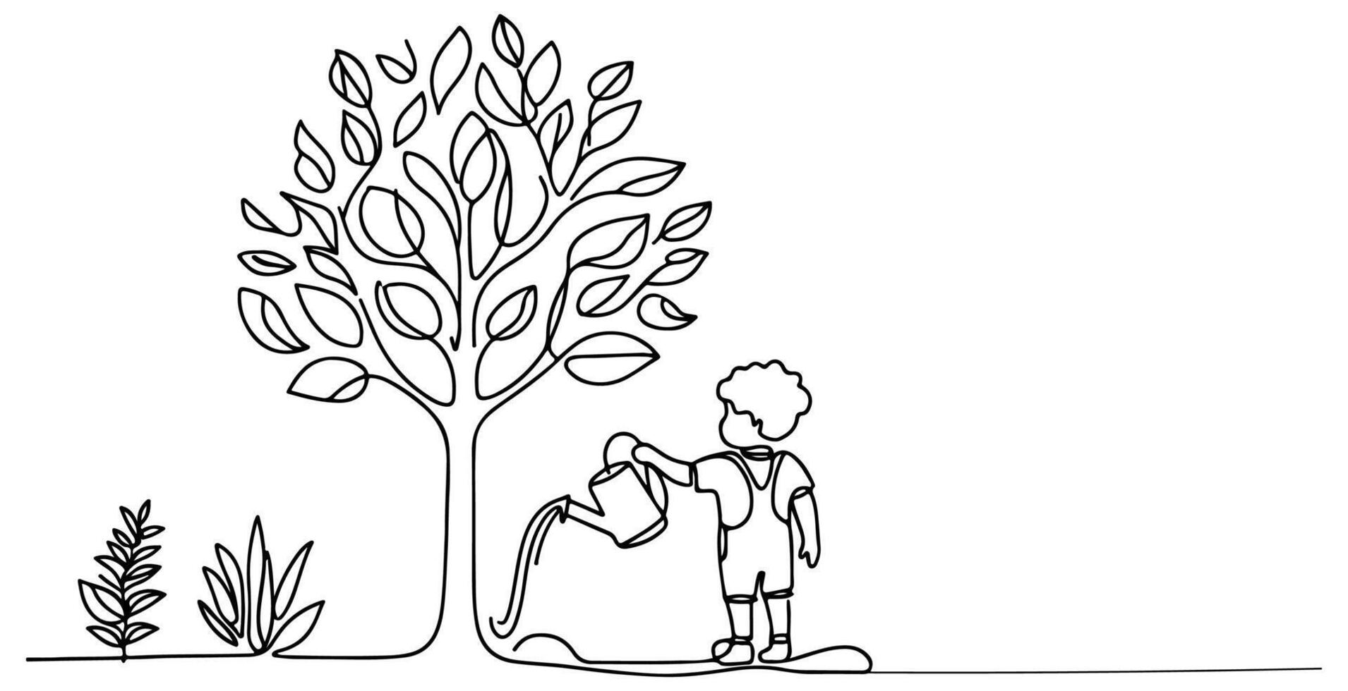 Continuous one black line art drawing Silhouette of children planting tree. Shovel digs roots plant into ground to save the world and earth day reduce global warming growth vector