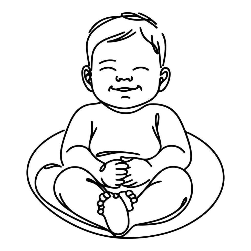 Continuous one black line art hand drawing child sitting alone doodles outline cartoon style coloring page vector illustration  on white background