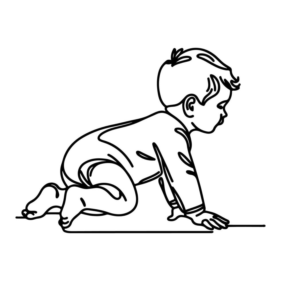 Continuous one black line art hand drawing child crawling doodles outline cartoon style coloring page vector illustration  on white background