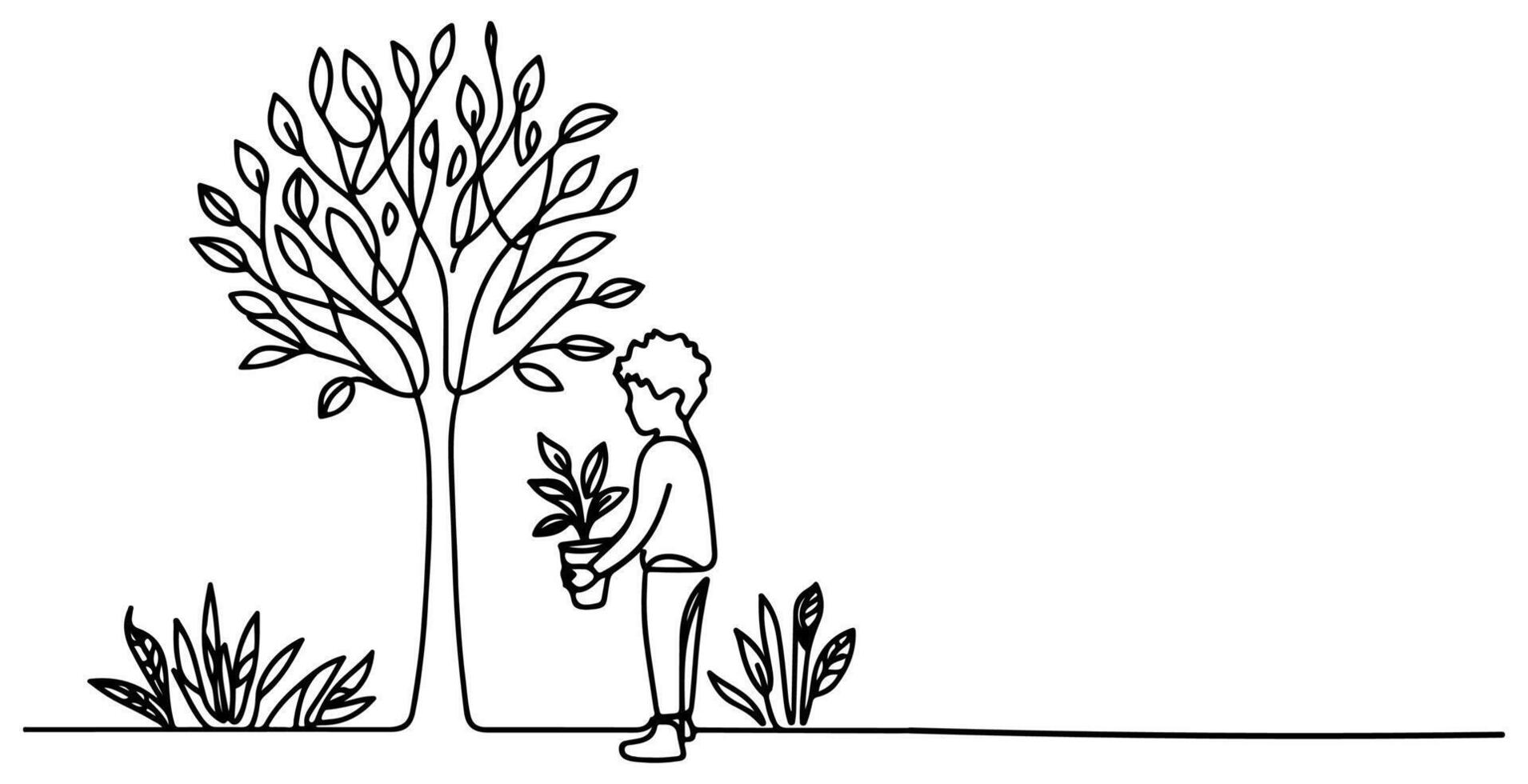 Continuous one black line art drawing Silhouette of children planting tree. Shovel digs roots plant into ground to save the world and earth day reduce global warming growth vector