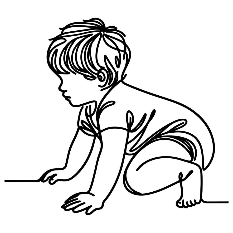 Continuous one black line art hand drawing child crawling doodles outline cartoon style coloring page vector illustration  on white background