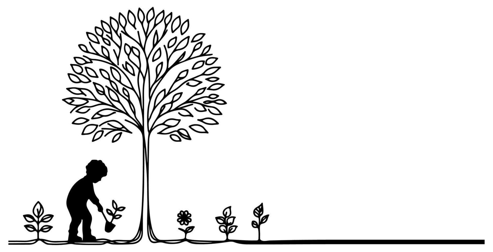 Continuous one black line art drawing Silhouette of children planting tree. Shovel digs roots plant into ground to save the world and earth day reduce global warming growth vector