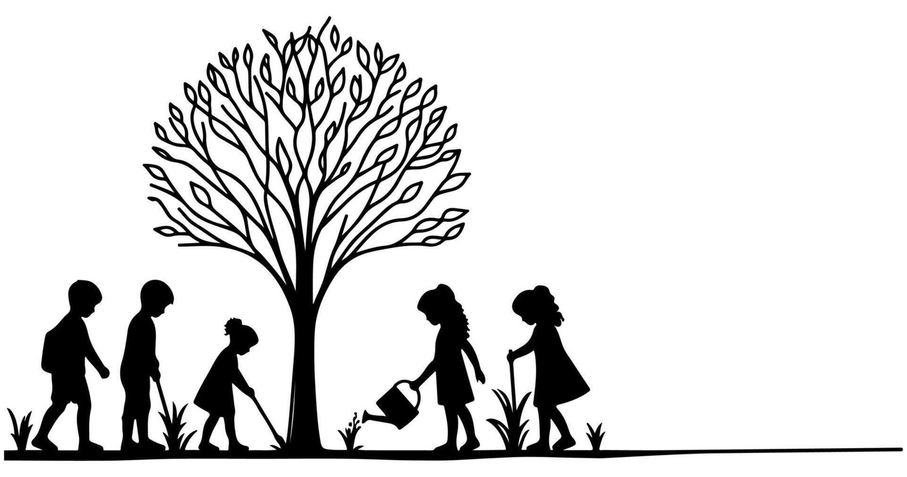 continuo uno negro línea Arte dibujo silueta de niños riego un árbol. plantando árbol a salvar el mundo y tierra día reducir global calentamiento crecimiento concepto vector ilustración en blanco antecedentes