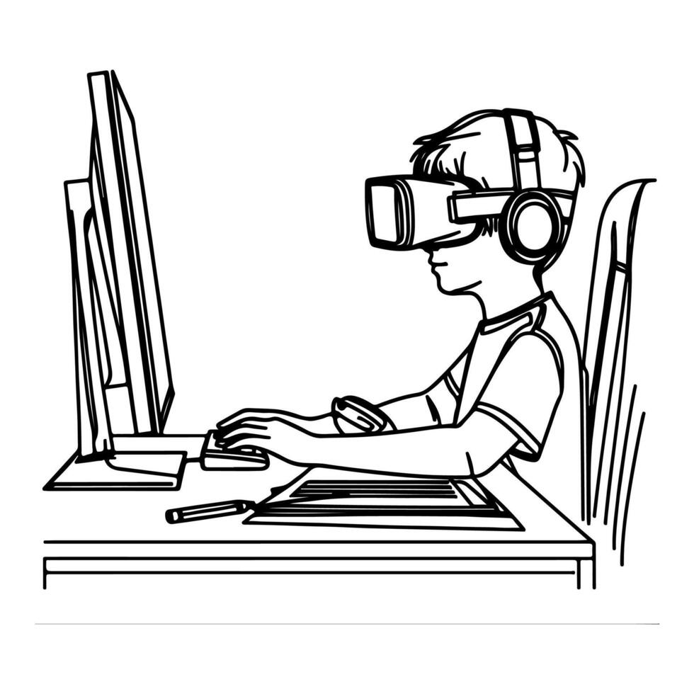 single continuous drawing black line art linear boy using virtual reality headset simulator glasses to learn new technology vector
