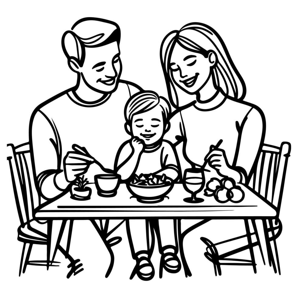 continuo uno negro línea Arte dibujo contento familia padre y madre con niño. teniendo cena sentado a mesa garabatos estilo vector ilustración en blanco antecedentes