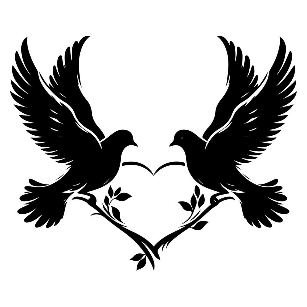 Birds fly to make a heart shape of love. hand drawing birth silhouette black outline art isolated on white background, vector illustration