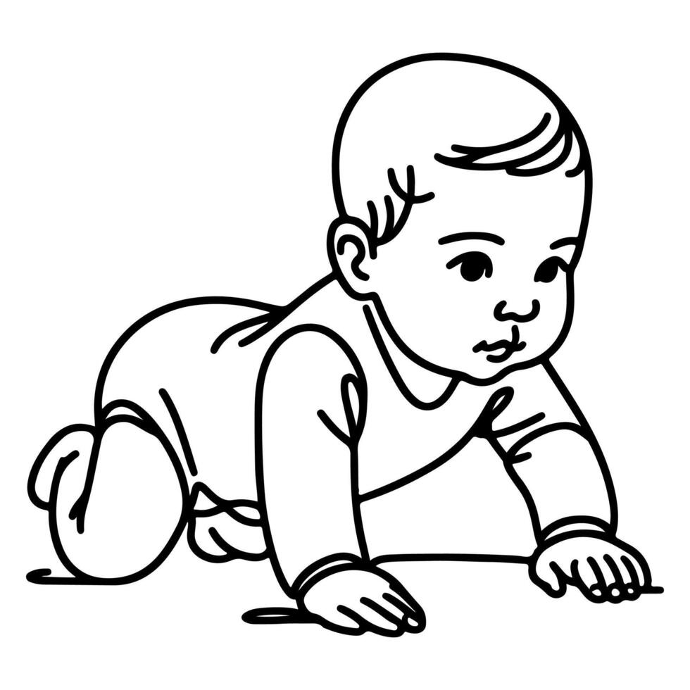 Continuous one black line art hand drawing child crawling doodles outline cartoon style coloring page vector illustration  on white background
