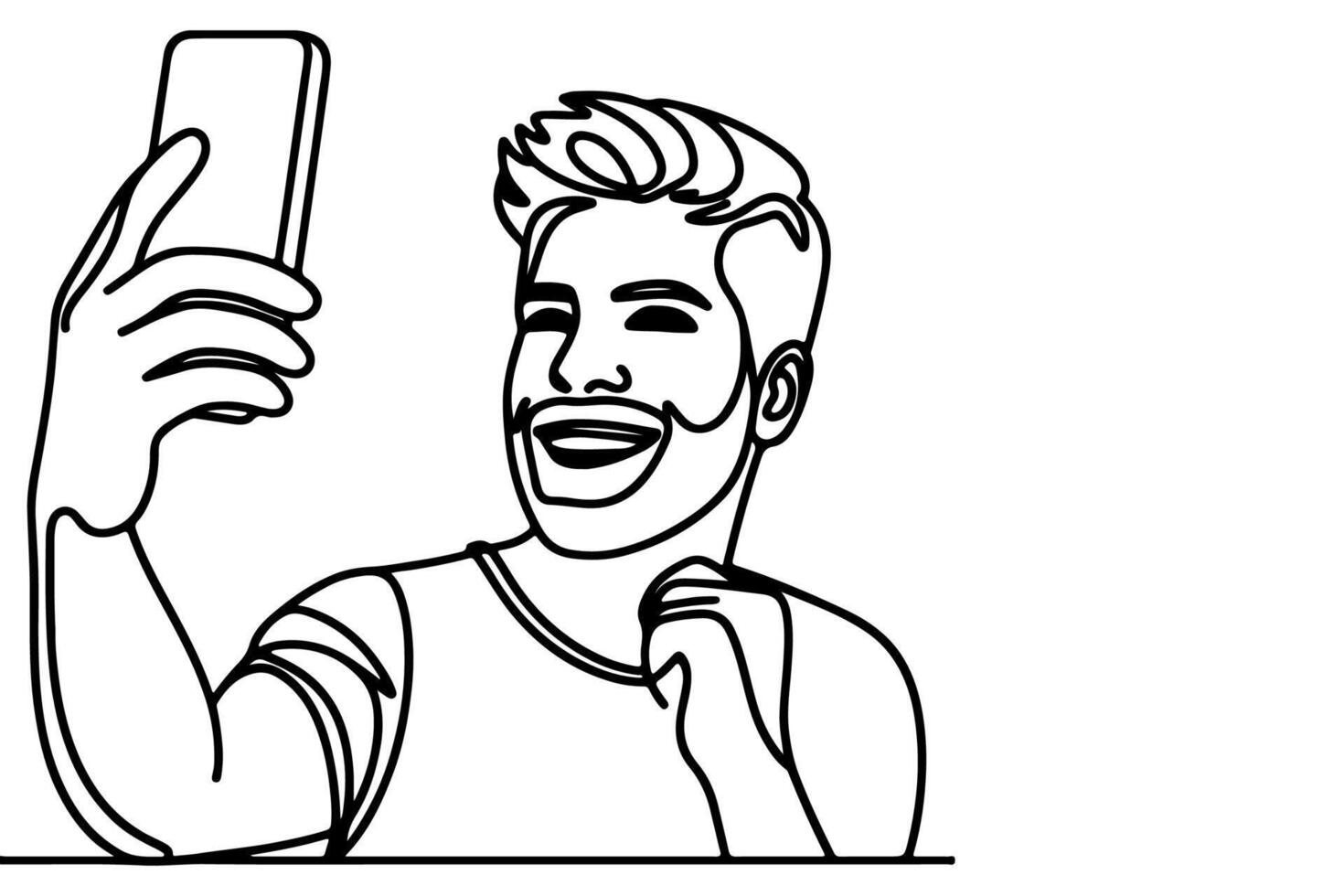 continuo uno negro línea Arte dibujo alegre joven hombre participación teléfono inteligente a tomando interino selfie o vídeo llamada mediante móvil teléfono contorno garabatear vector familia viaje concepto