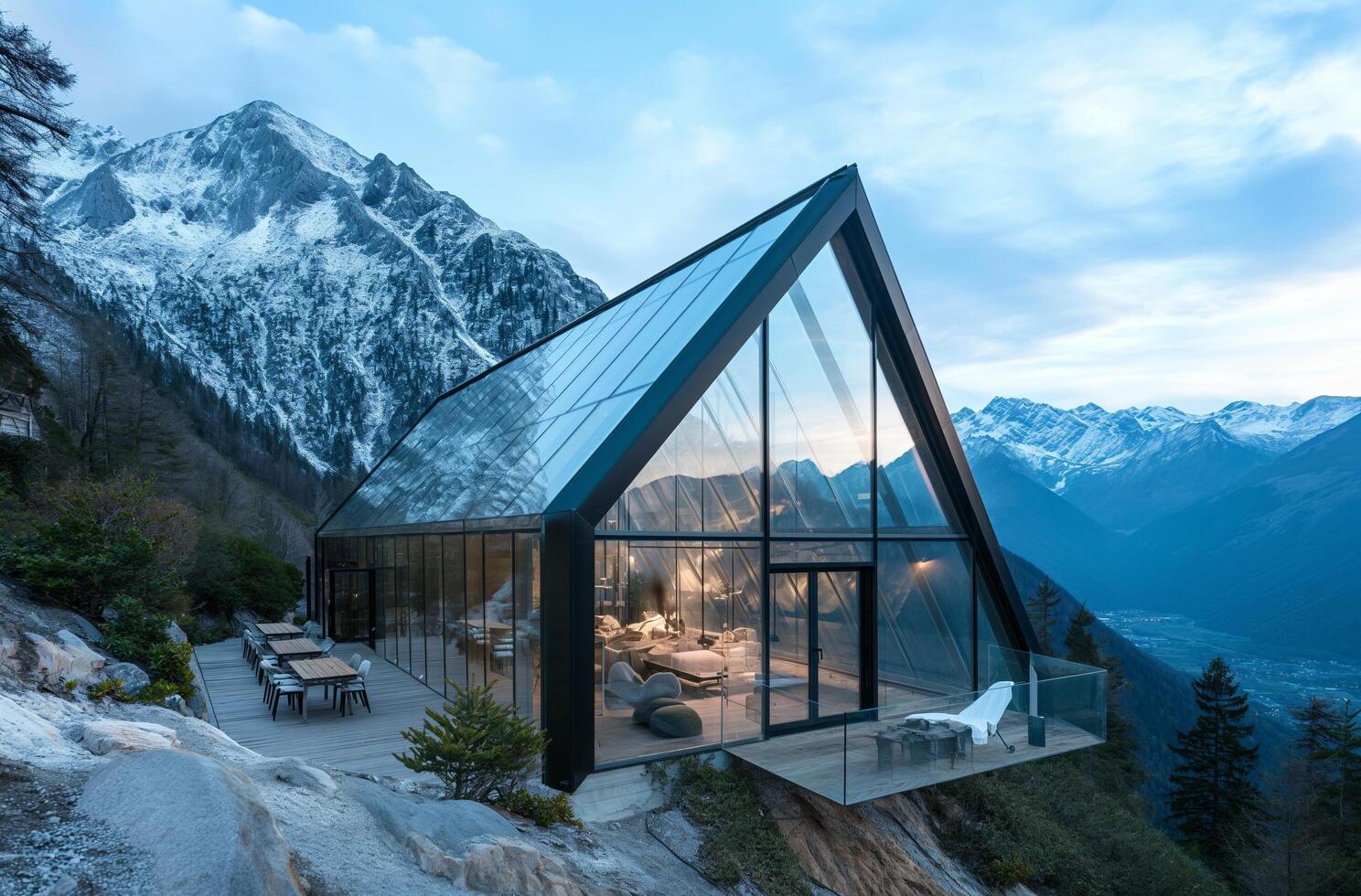 AI generated Modern mountain glasshouse photo