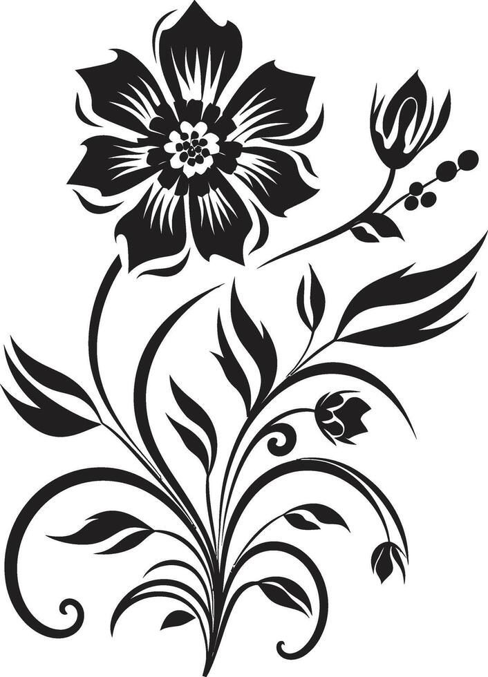 Solid Floral Sketch Black Emblematic Design Bold Bloom Structure Monochrome Vector Frame