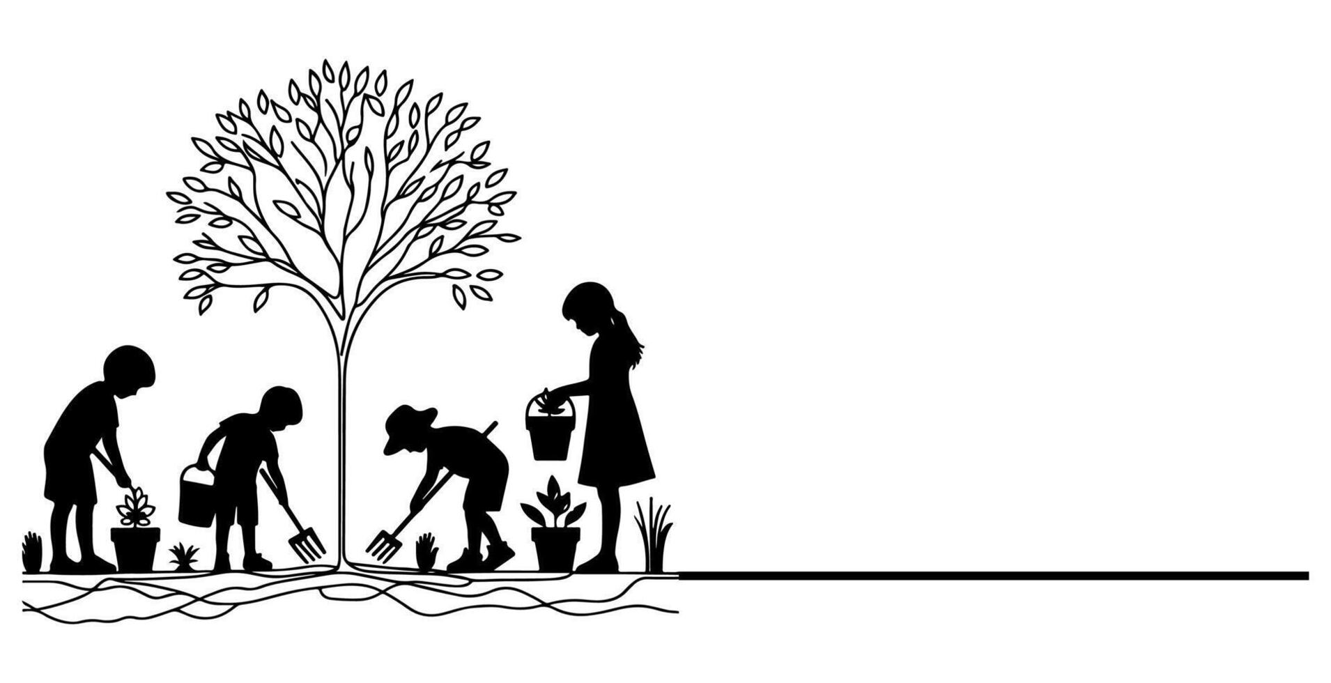 Continuous one black line art drawing Silhouette of children planting tree. Shovel digs roots plant into ground to save the world and earth day reduce global warming growth vector