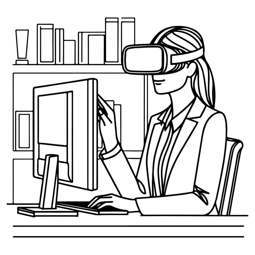 single continuous drawing black line art linear woman in office using virtual reality headset simulator glasses with computer doodle style sketch vector