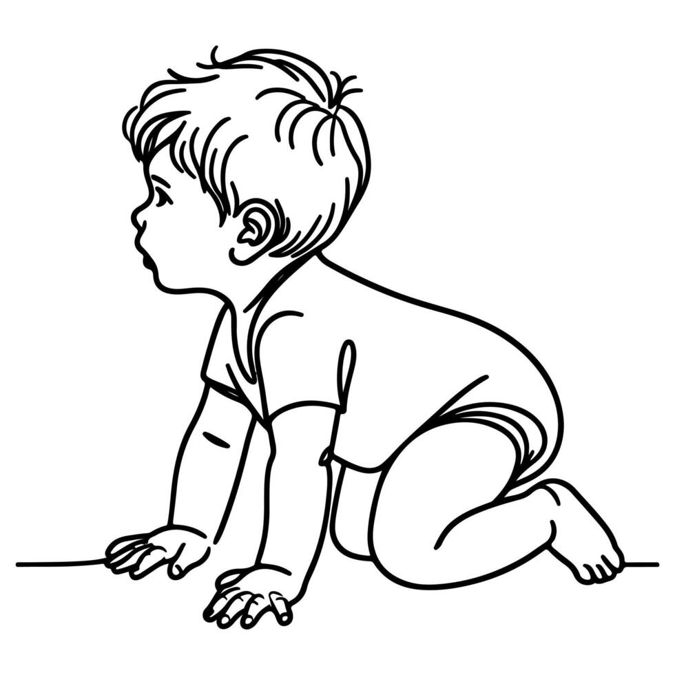 Continuous one black line art hand drawing child crawling doodles outline cartoon style coloring page vector illustration  on white background