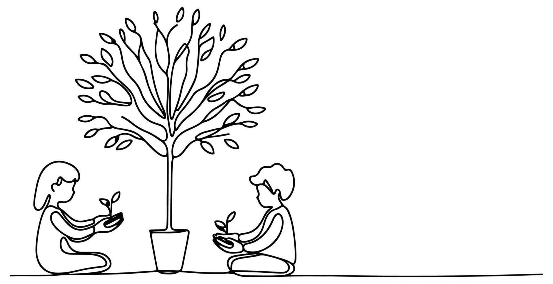 Continuous one black line art drawing Silhouette of children planting tree. Shovel digs roots plant into ground to save the world and earth day reduce global warming growth vector