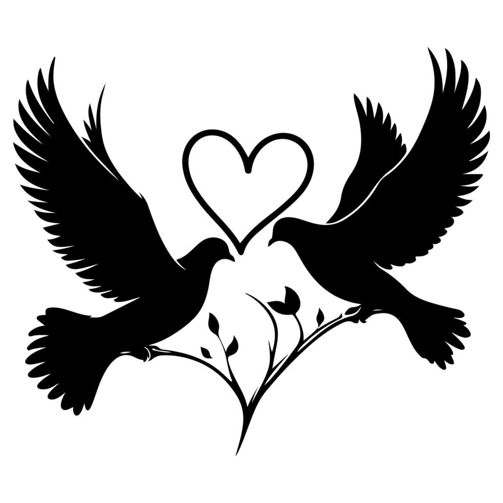 Birds fly to make a heart shape of love. hand drawing birth silhouette black outline art isolated on white background, vector illustration