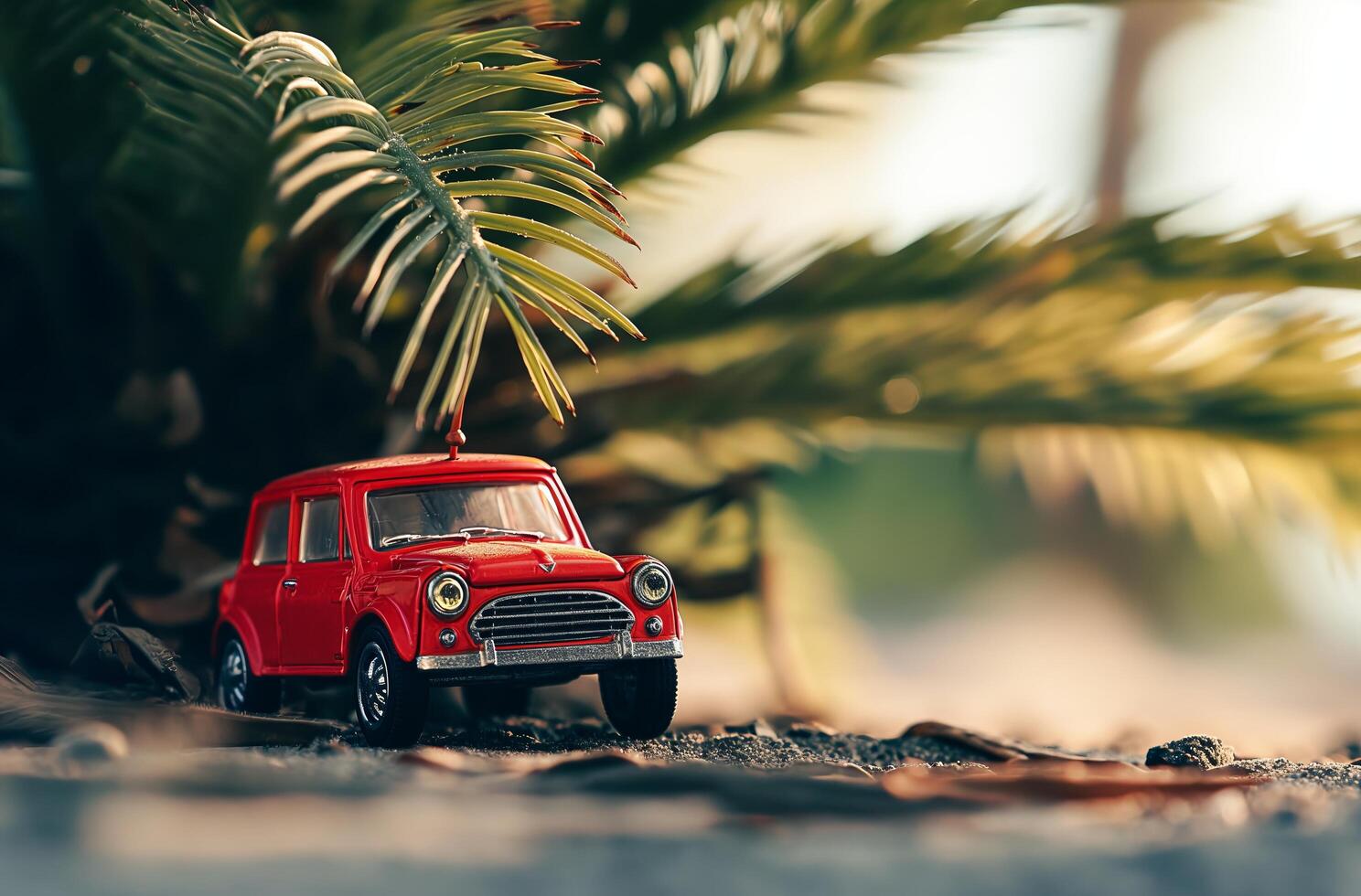 AI generated Vintage red toy car under palm photo