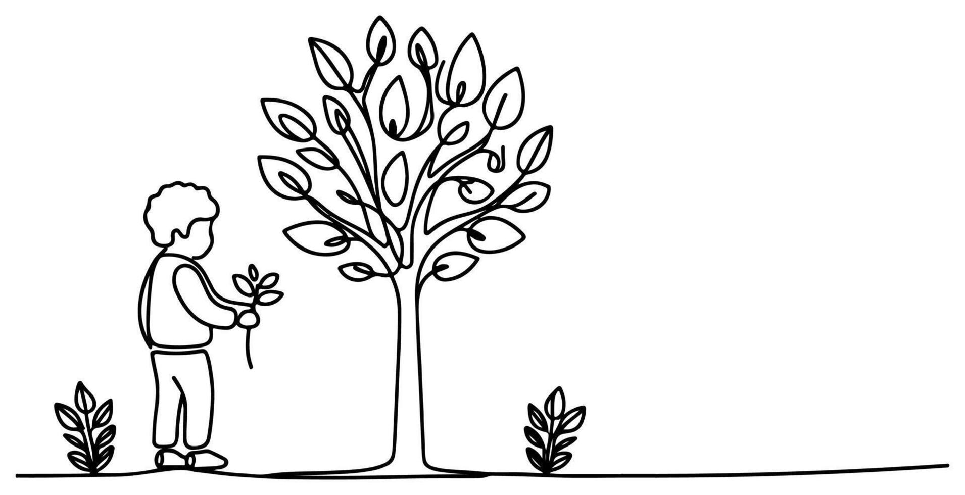 Continuous one black line art drawing Silhouette of children planting tree. Shovel digs roots plant into ground to save the world and earth day reduce global warming growth vector