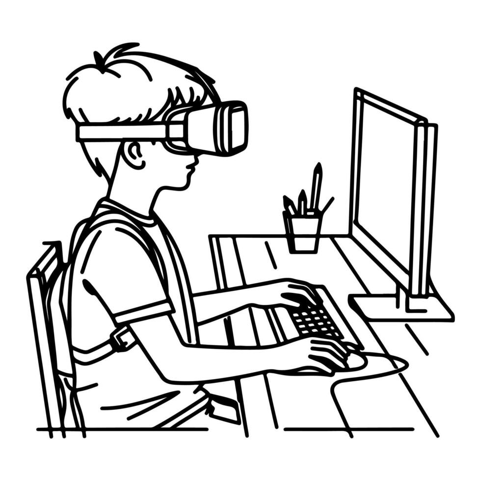 single continuous drawing black line art linear boy using virtual reality headset simulator glasses to learn new technology vector