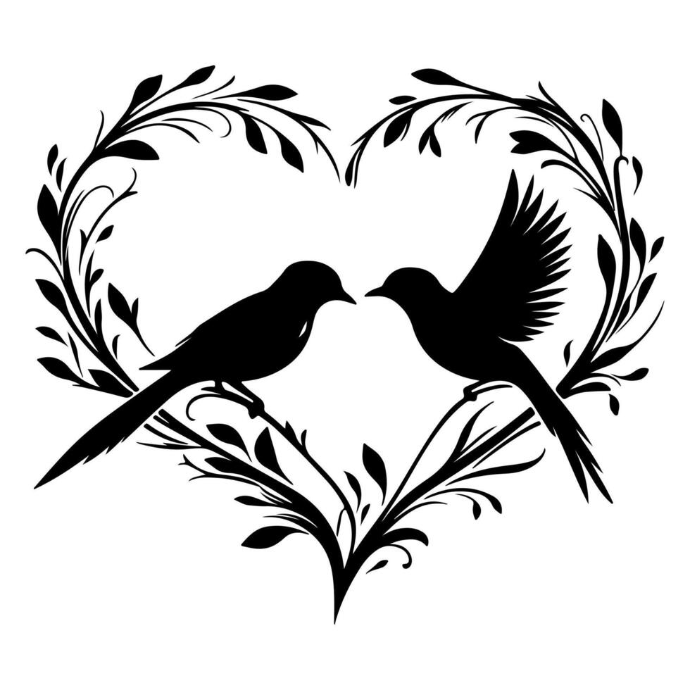 Birds fly to make a heart shape of love. hand drawing birth silhouette black outline art isolated on white background, vector illustration