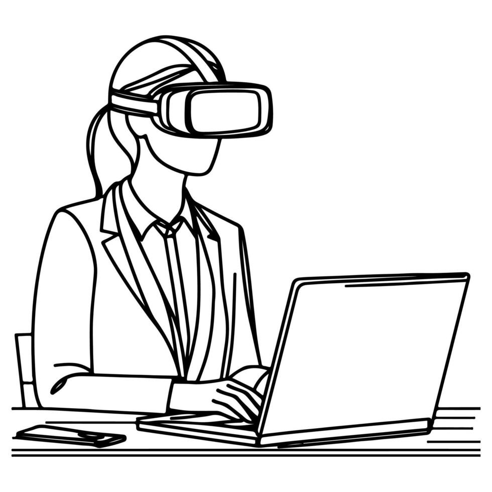 single continuous drawing black line art linear woman in office using virtual reality headset simulator glasses with computer doodle style sketch vector