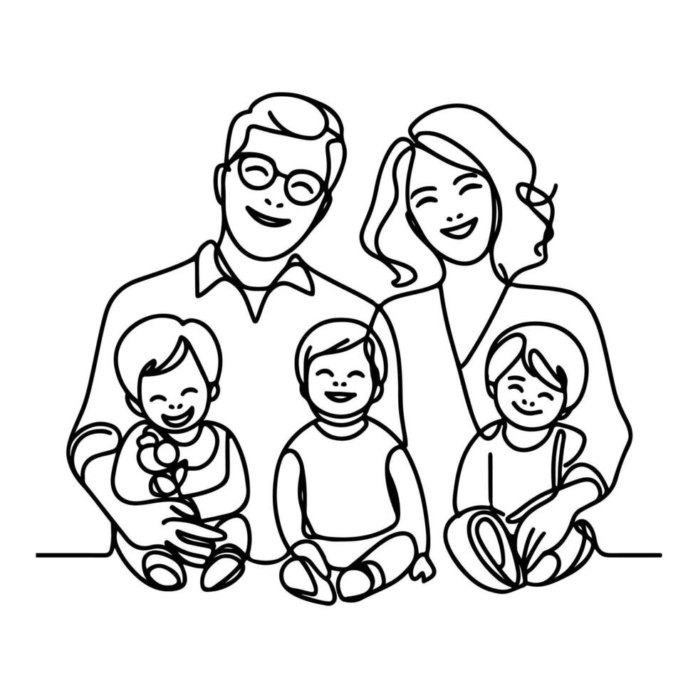 Continuous one black line art drawing happy family father and mother with child doodles style vector illustration on white