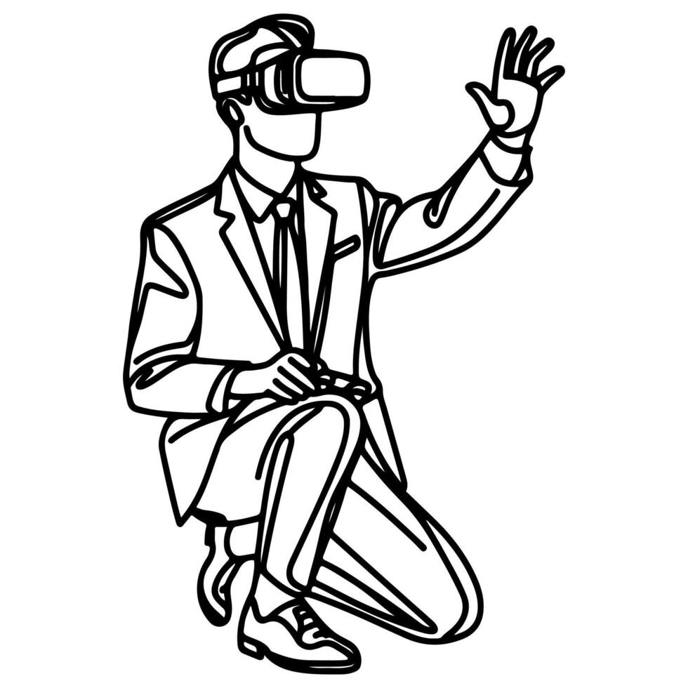 single continuous drawing black line art linear businessman in office using virtual reality headset simulator glasses with computer doodle style sketch vector