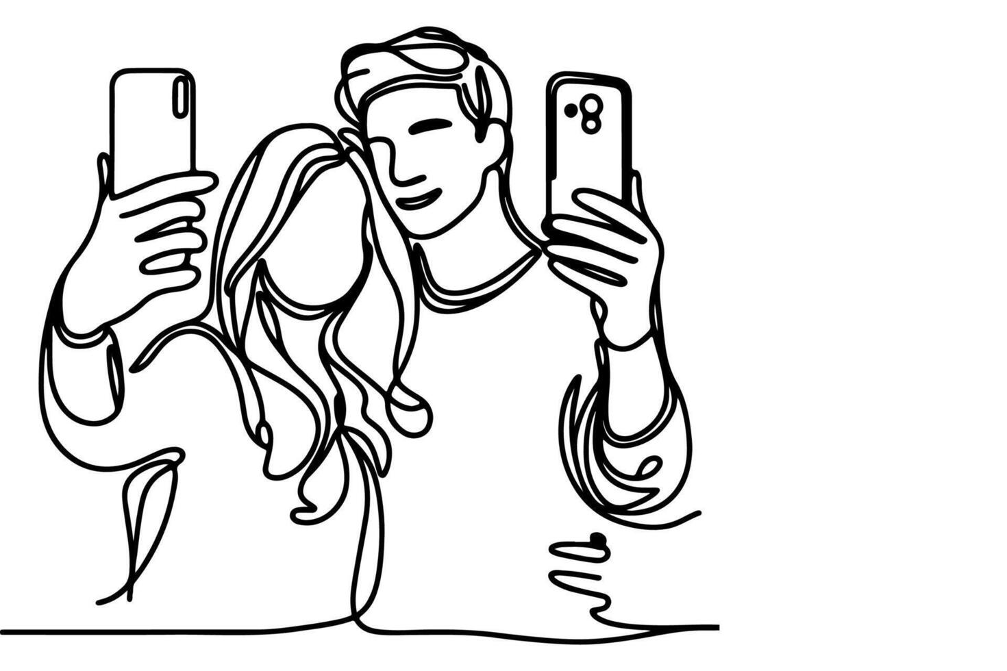 continuous one black line art drawing cheerful young man and girl  holding smartphone to taking acting selfie or video call through mobile phone outline doodle vector family travel concept