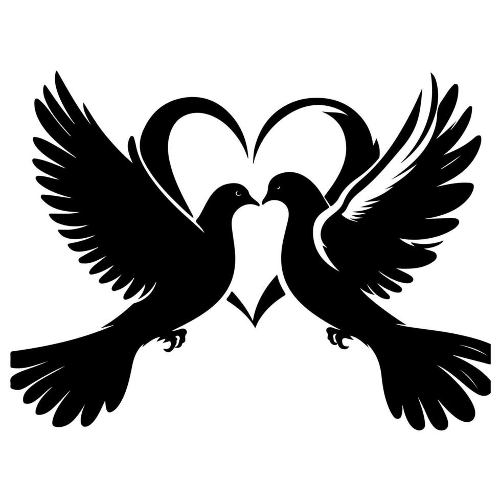 Birds fly to make a heart shape of love. hand drawing birth silhouette black outline art isolated on white background, vector illustration