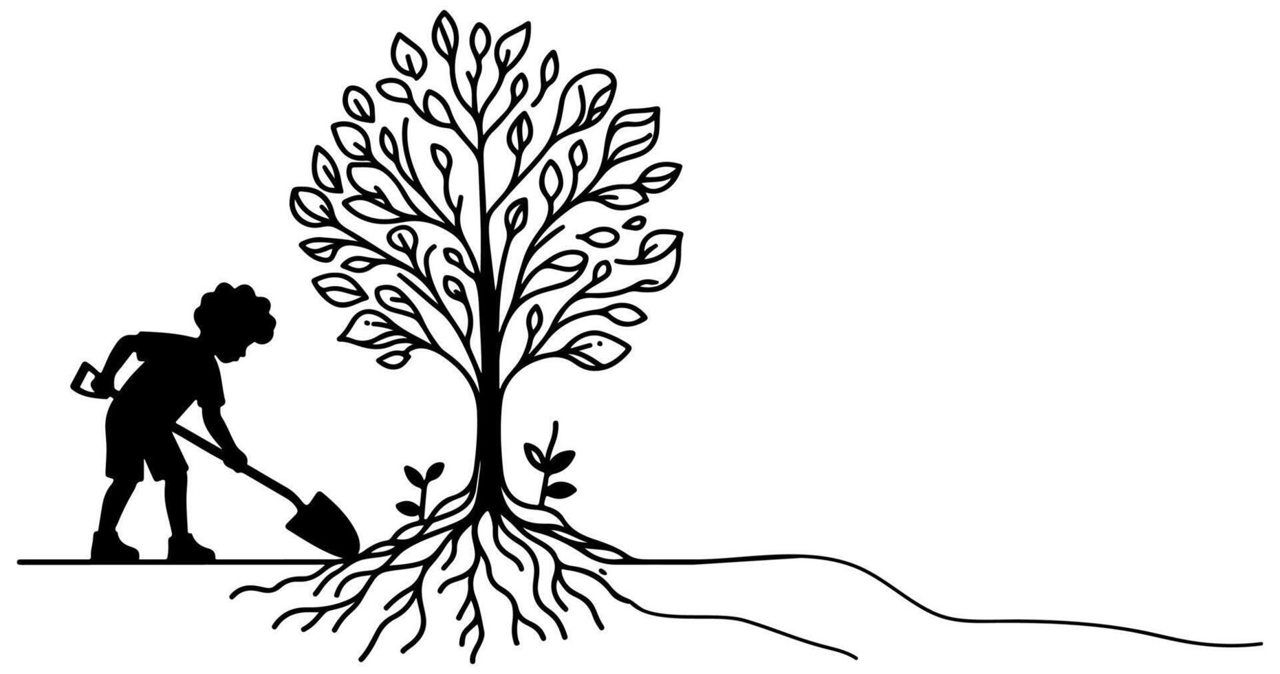 Continuous one black line art drawing Silhouette of children planting tree. Shovel digs roots plant into ground to save the world and earth day reduce global warming growth vector