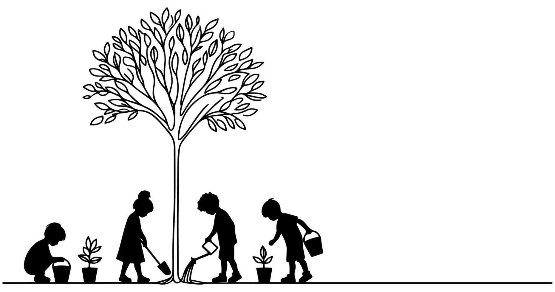 Continuous one black line art drawing Silhouette of children watering a tree. planting tree to save the world and earth day reduce global warming growth concept vector illustration on white background