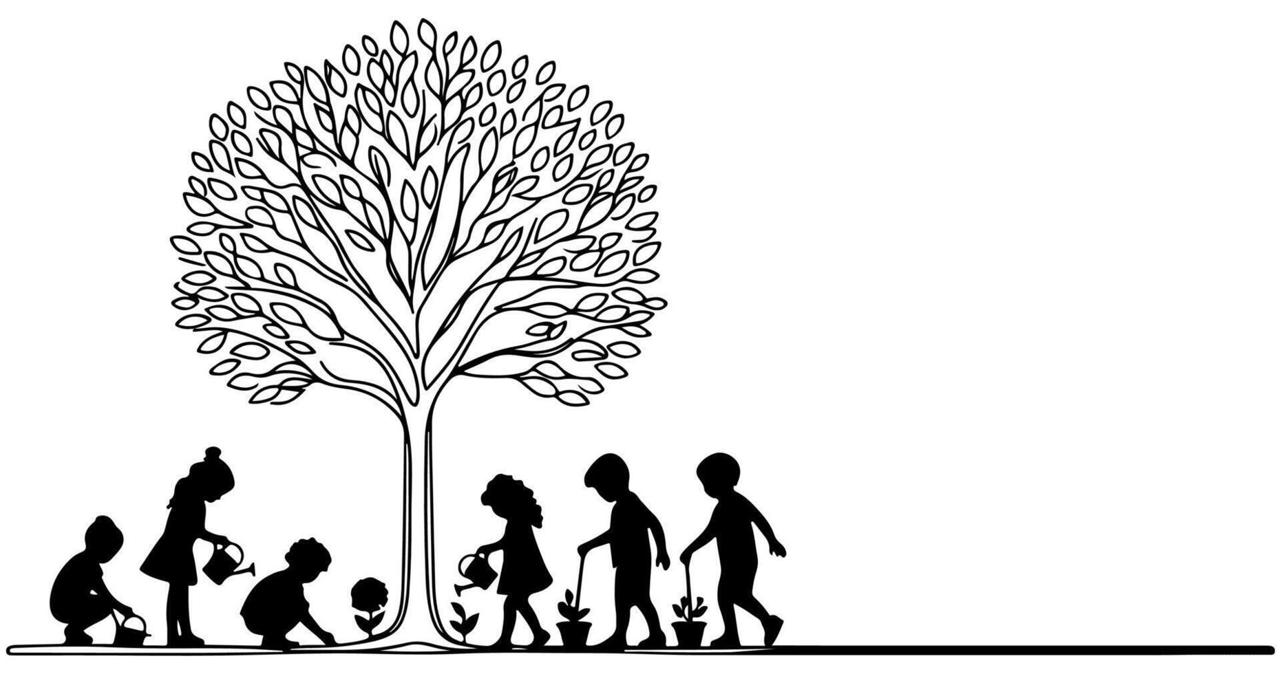 Continuous one black line art drawing Silhouette of children watering a tree. planting tree to save the world and earth day reduce global warming growth concept vector illustration on white background