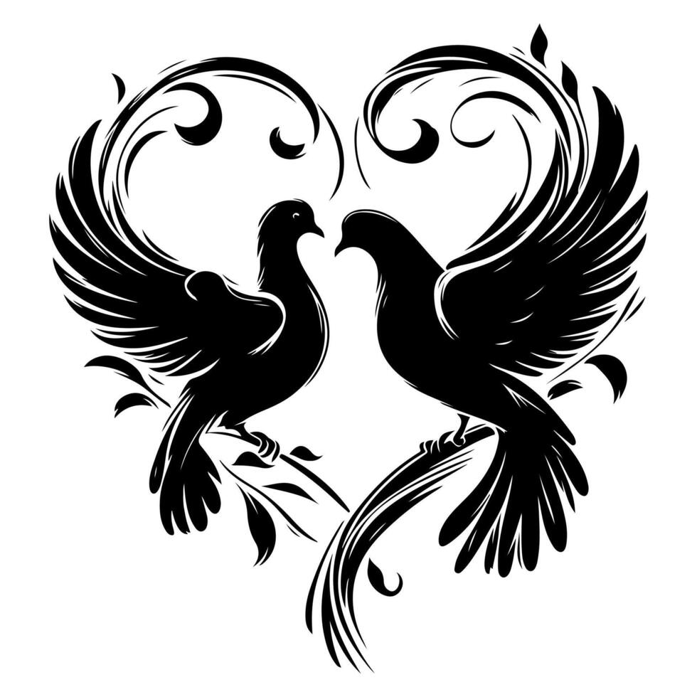 Birds fly to make a heart shape of love. hand drawing birth silhouette black outline art isolated on white background, vector illustration