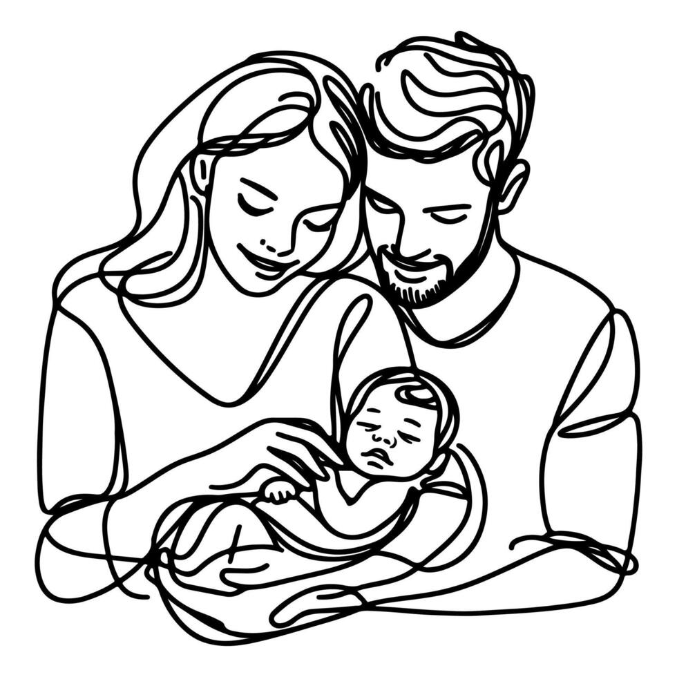 continuo uno negro línea Arte dibujo padres con recién nacido bebé garabatos contorno estilo vector ilustración en blanco antecedentes