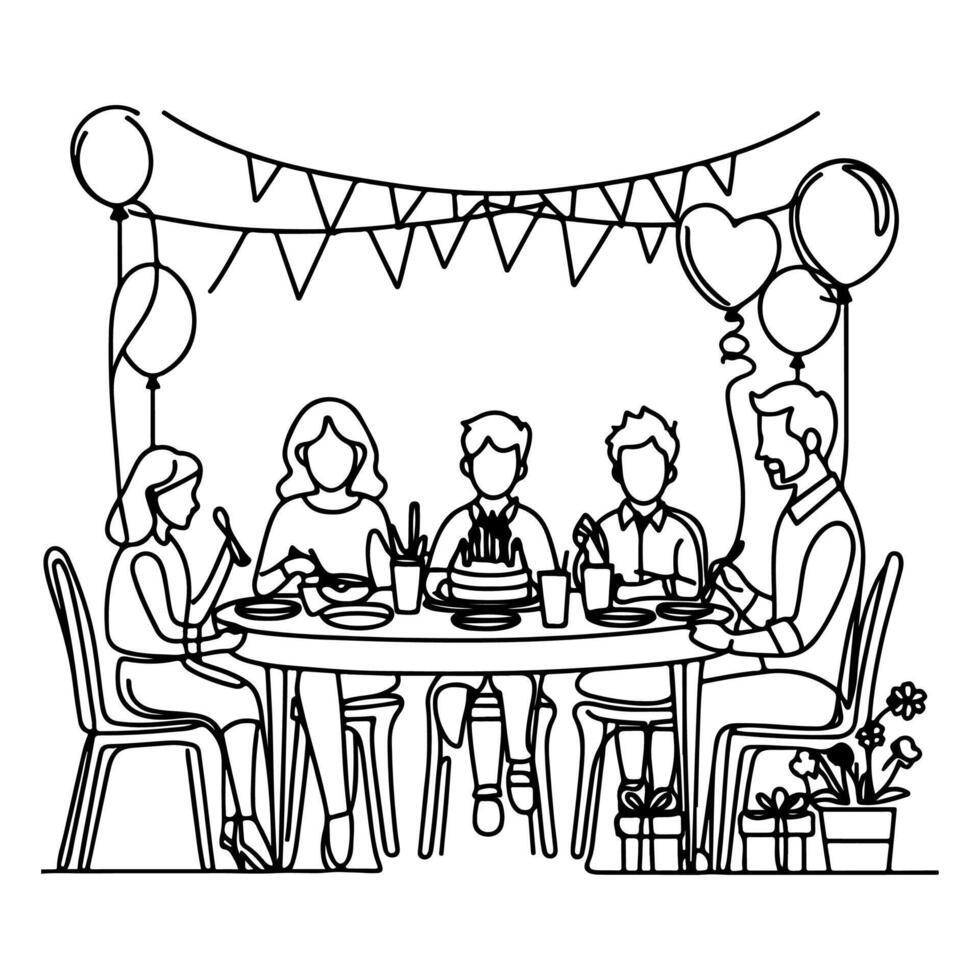 single continuous drawing black line family dinner sitting at table to celebration anniversary birthday party doodles vector